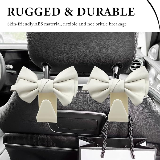 2 PCS Car Seat Headrest Hooks, Cute Bow Shaped Vehicle Backseat Purse Holder Storage Hook, Bow Knot Seat Back Hooks Hanging Organizer for Coat Umbrellas Grocery Bag (White)