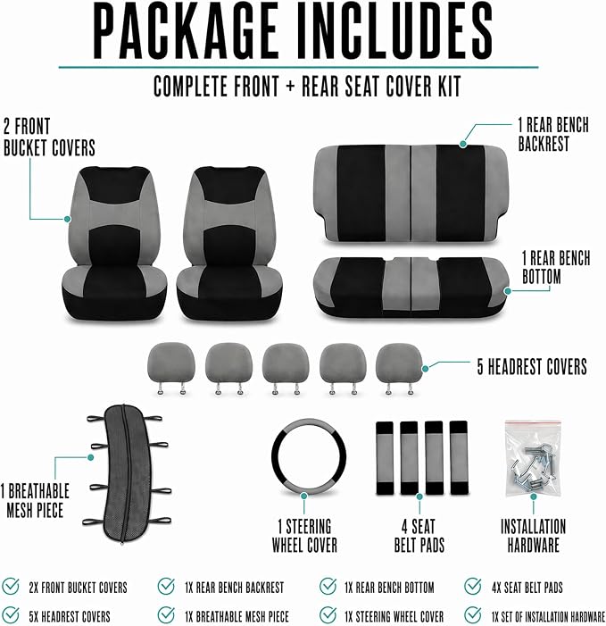 FH Group Universal Fit Gray Black Automotive Seat Covers Combo Set with Steering Wheel Cover and Seat Belt Pad fits Most Cars, SUVs, and Trucks (Airbag Compatible and Split Bench)