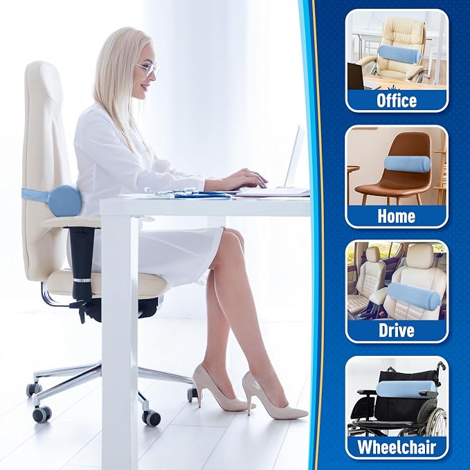 Lumbar Roll Support Pillow for Office Chair, Car, Gaming Chair, Memory Foam Back Cushion with Washable Cover for Relieving Back Pain & Improving Posture, Large,Light Blue