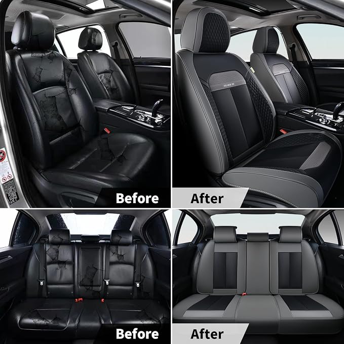 FLORICH Full Set Car Seat Covers 5pcs, Breathable Waterproof Nappa Leather Seat Covers, Gary Seat Covers, Automotive Interior Cover Universal for Cars SUV Truck Sedan - Gary&Black