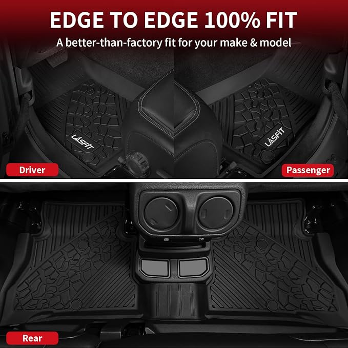 LASFIT Floor Mats for Jeep Wrangler Unlimited 4XE 2021-2024 2025 4 Doors | Plug-in Hybrid EV-Gas (PHEV), All Weather, TPE, Custom Fit, Car Mats, Floor Liners, 1st & 2nd Row, Black