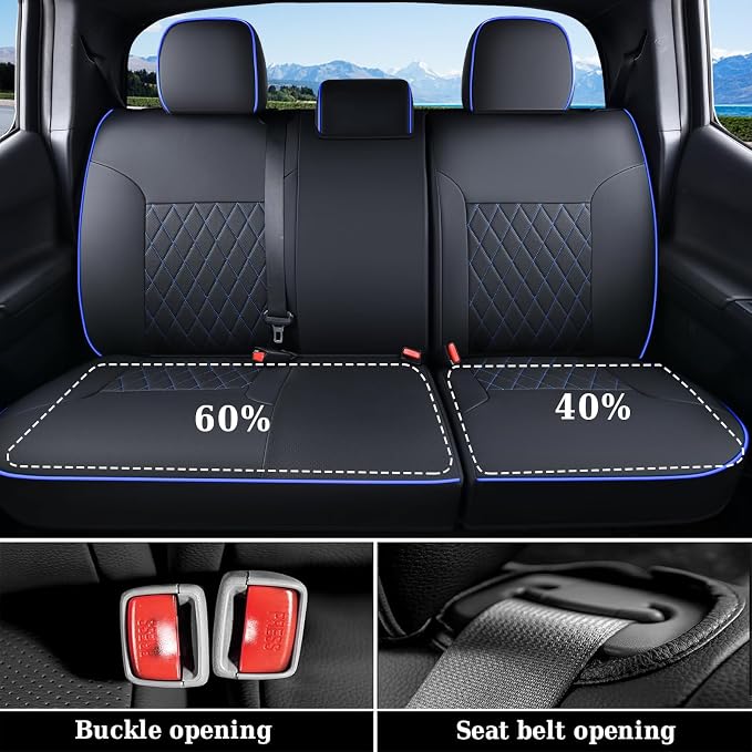 Coverado Tacoma Seat Covers Full Set, Faux Leather Seat Covers Custom Fit for 2005-2015 Toyota Tacoma Double/Crew Cab Base Prerunner SR5 Limited TRD Sport Interior Covers (Blue Line)