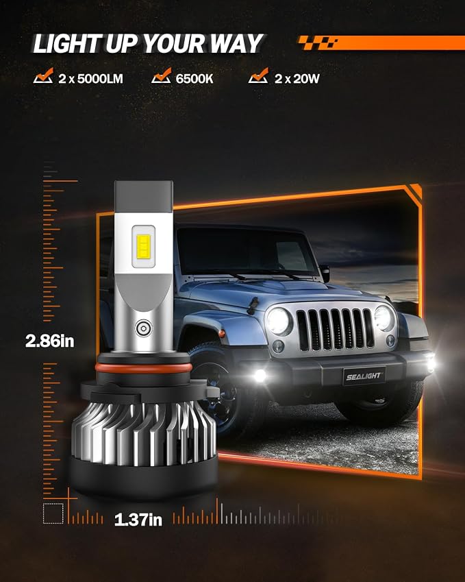 SEALIGHT 9006 Fog Light Bulbs or DRL, 600% Brightness 9006 HB4 Fog Lights Led for Car, 6500K Cool White Strong Penetration, 50,000 Hours Lifespan 20000RPM Turbo Fan, Pack of 2