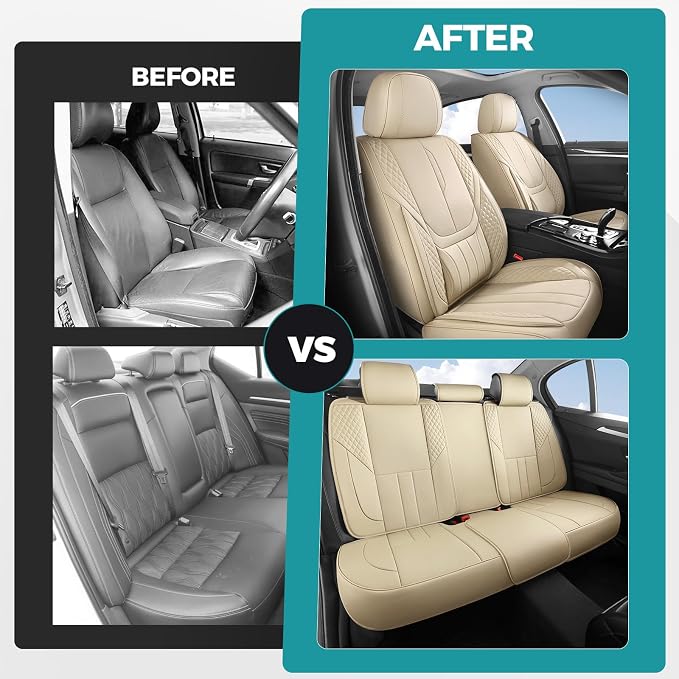 Universal Car Seat Covers for SUVs Sedans Trucks Beige | universal fit, faux leather, waterproof, breathable, stain/scratch resistant, airbag compatible, anti-slip, easy install