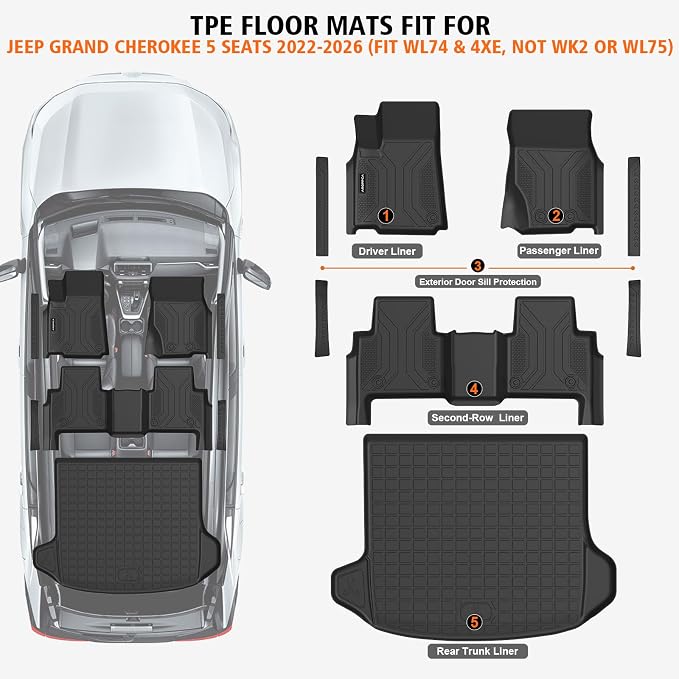 All Weather Floor Mats Cargo Liner with Backrest Mat for 2022-2025 2026 Jeep Grand Cherokee (WL & 4xe, Not WK2 or WL75) 5-Seater, TPE Mats with Door Sill Protectors for Grand Cherokee Accessories
