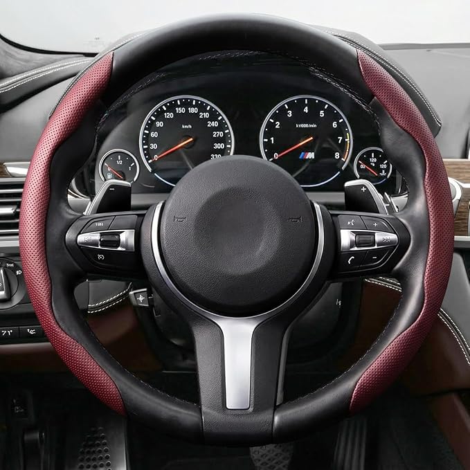 2PCS Car Steering Wheel Cover, 14.5-15" Breathable Nappa Leather Segmented Steering Wheel Protector with Non-Slip Grip, Stylish Auto Decor Accessories, Universal for Vehicles (Wine Red)