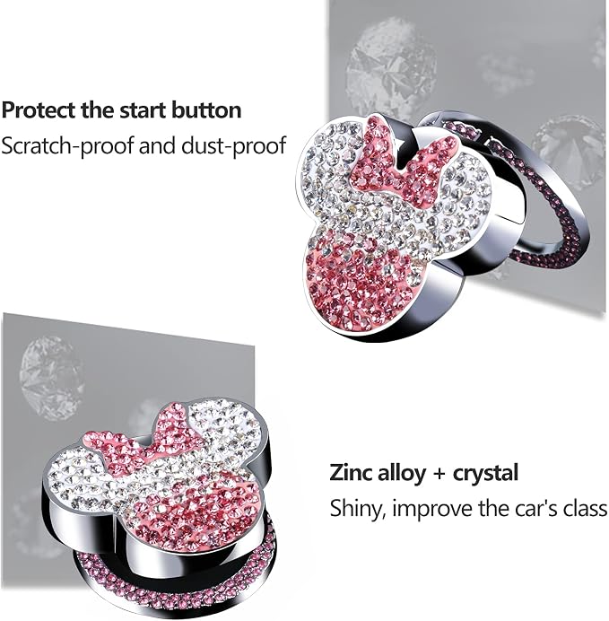 Pangpai Car Cute Push to Start Button Cover Accessories, Bling Crystal Car Engine Start Stop Button Cover, Pink Car Decoration Interior Sticker for Women Girl