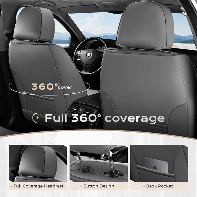 Coverado Car Seat Covers Full Set, Nappa Leather Seat Covers for Cars, Car Seat Protector Car Seat Cushion, Front and Back Seat Protectors Cushions Universal Fit for Most Cars (Gray&Light Gray)