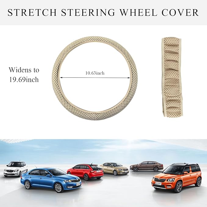 Yourkar Elastic Steering Wheel Cover, 15"×15" Comfy Breathable Stretch Steering Wheel Protector, Ice-Silk Cloth Polyester Steering Wheel Cover for Men Women, Car Accessories (Beige)