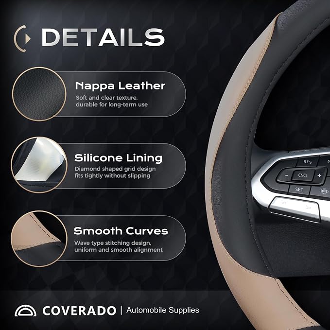 Coverado Car Steering Wheel Cover, Nappa Leather Black & Brown Steering Wheel Covers, Universal 14-15 inch, Anti-Slip, Breathable Steering Wheel Protector for Women Men
