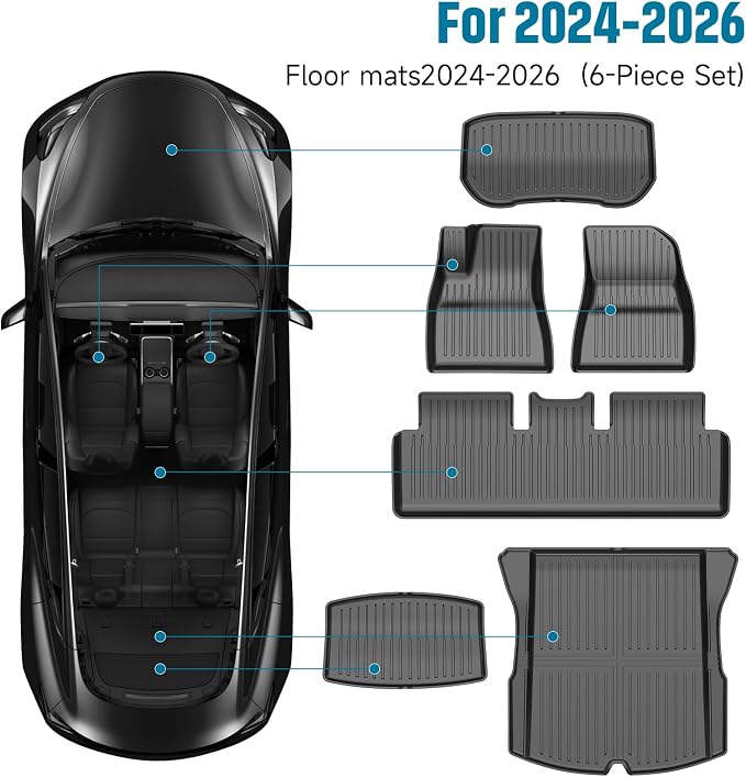 6-PCS All-Weather TPE Floor Mats Compatible with 2024-2026 Model 3 Highland | Flexible, waterproof, stain-proof, anti-slip, easy-clean interior guards