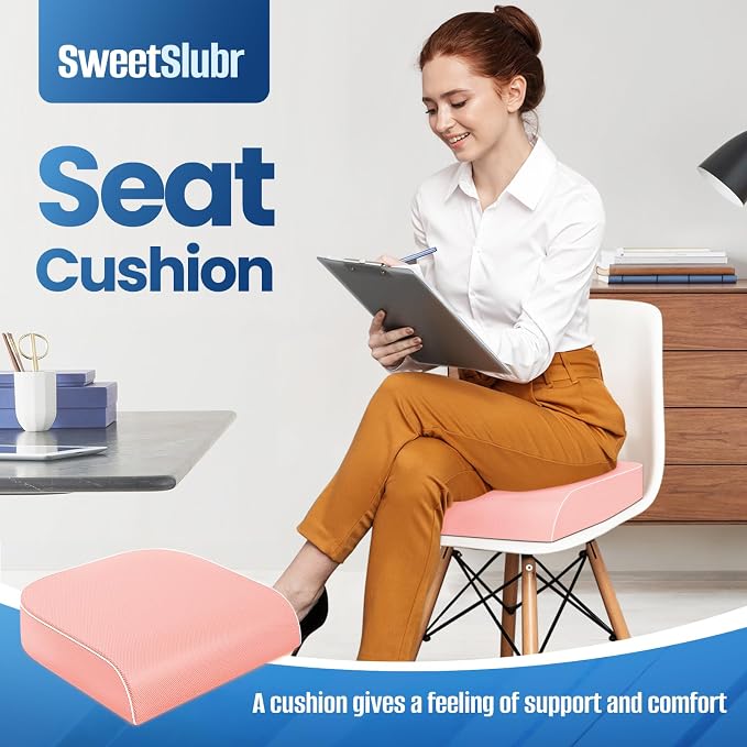 SweetSlubr Seat Cushion for Tailbone Pain Relief, Office Chair Cushion, Memory Foam Large Chair Pad with Non-Slip Cover for Soft Support at Office Chair, Car Seat, Airplane Pink/Large