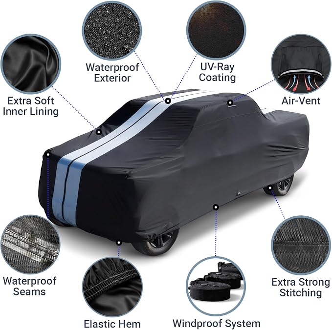 iCarCover Premium Plus Truck Cover Waterproof All Weather Rain Snow UV Protection Full Car Covers, Ram 1500, 2500, 3500, Mega cab 6'4" Standard Bed, Size T89 (See Size Chart) Stripe - Black/Gray