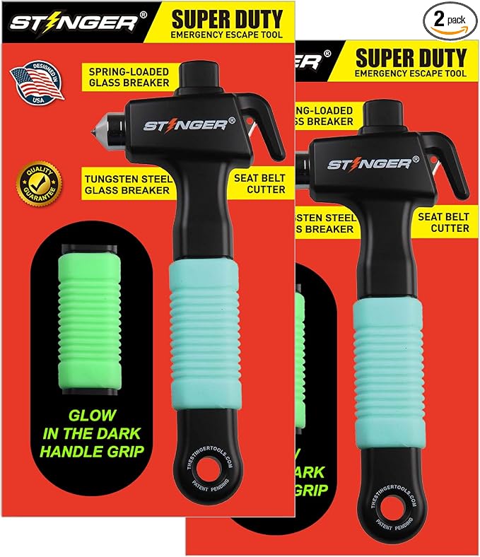 Stinger Super Duty Car Emergency Escape Tool, Hardened Carbon Steel Vehicle Safety Hammer, Spring Loaded Window Breaker, Razor Sharp Seat Belt Cutter, Life-Saving Rescue Tool (2 pcs Fluorescent Green)