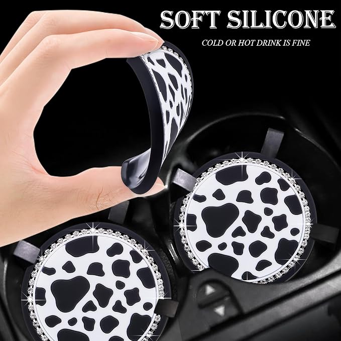 4PCS Bling Silicone Cup Holder Coaster – 2.75 Inch Universal Fit, Anti-Slip & Shockproof, Cute Car Accessories for Girls (Cow Print)