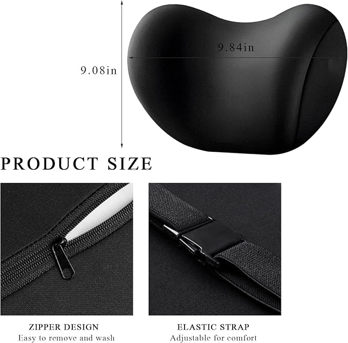 2 PCS Car Headrest Cushion, Ergonomic Memory Foam Car Neck Back Support w/Removable Cover, Universal Breathable Lumbar Cushion Headrest Pillow with Adjusatble Strap (Black)