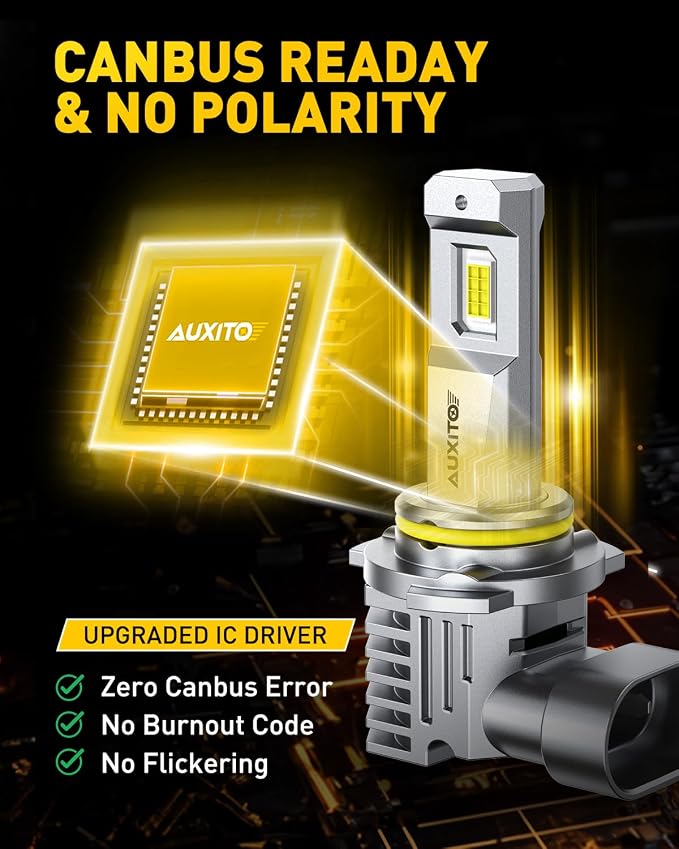 AUXITO 9005 LED Bulbs HB3 Light 6500K Daylight White Ultra-Bright, 60W Fanless Fog Light Bulb,True 1:1 Size, Plug-N-Play, Pack of 2