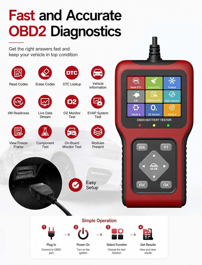 TesGo 2 in 1 OBD2 Scanner and Battery Tester, Car Diagnostic Tool for Check Engine Light, Carbon Buildup Test, I/M Readiness, DTC Lookup, Vehicle Info, Cranking Test, Vehicles 1996+