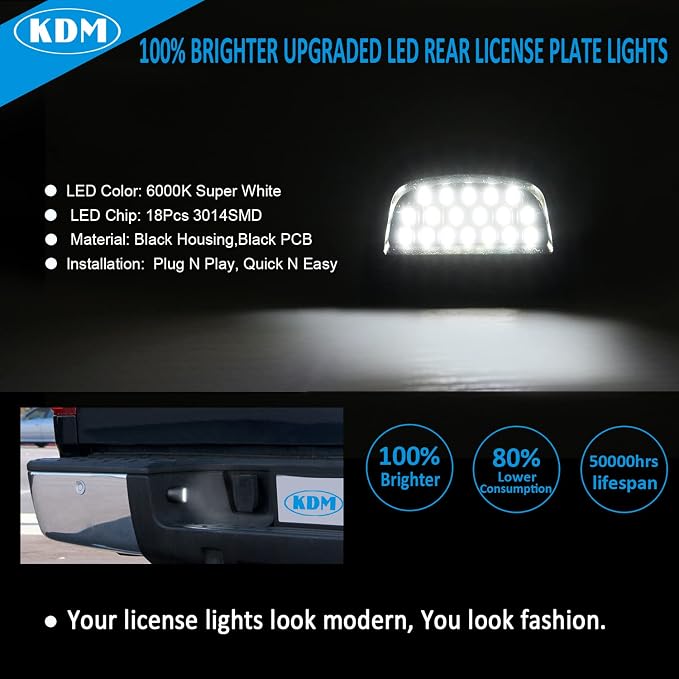 KDM LED License Plate Lights fit for 1999-2013 Chevy Silverado GMC Sierra 1500 2500 3500 HD Suburban Tahoe Cadillac Escalade EXT Yukon XL, 6000K White Black Housing 2pcs pack