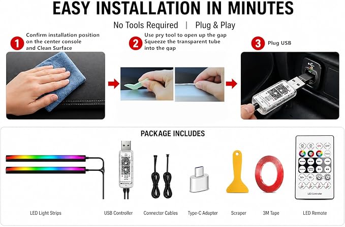Car Interior Ambient Lighting Kit, Acrylic LED Strip Lights 43.3in 4 in 1, APP & Remote Control, RGB Music Sync Neon Light, USB Powered Flexible Car Lights for Dashboard, Door, Universal Fit