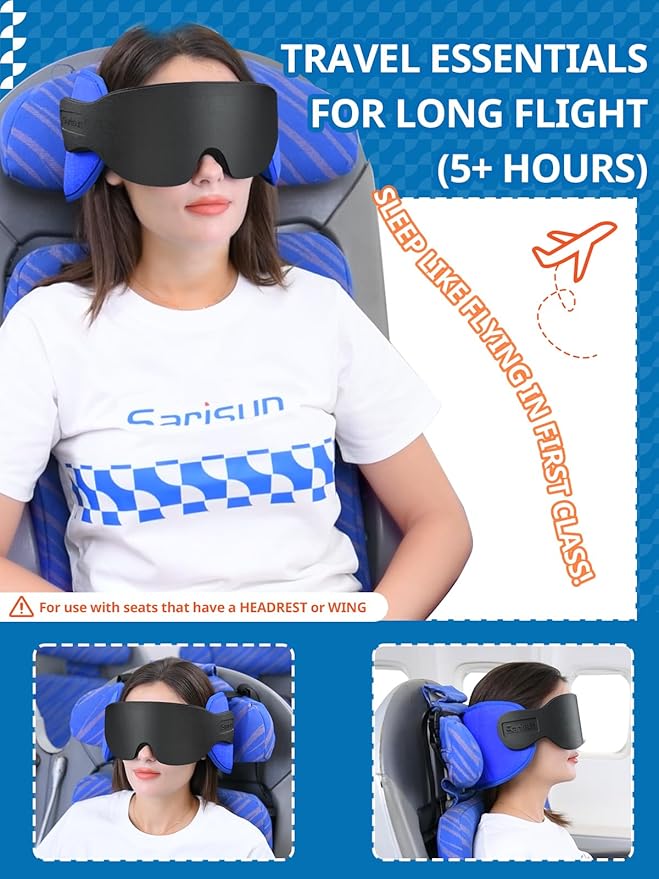 SARISUN Travel Pillows for Airplanes, 360° Stable Support Airplane Pillow with 3D Eye Mask, Headrest Pillow for Long Flight Road Trip Sleep, Stop Bobblehead Travel Essential, Black