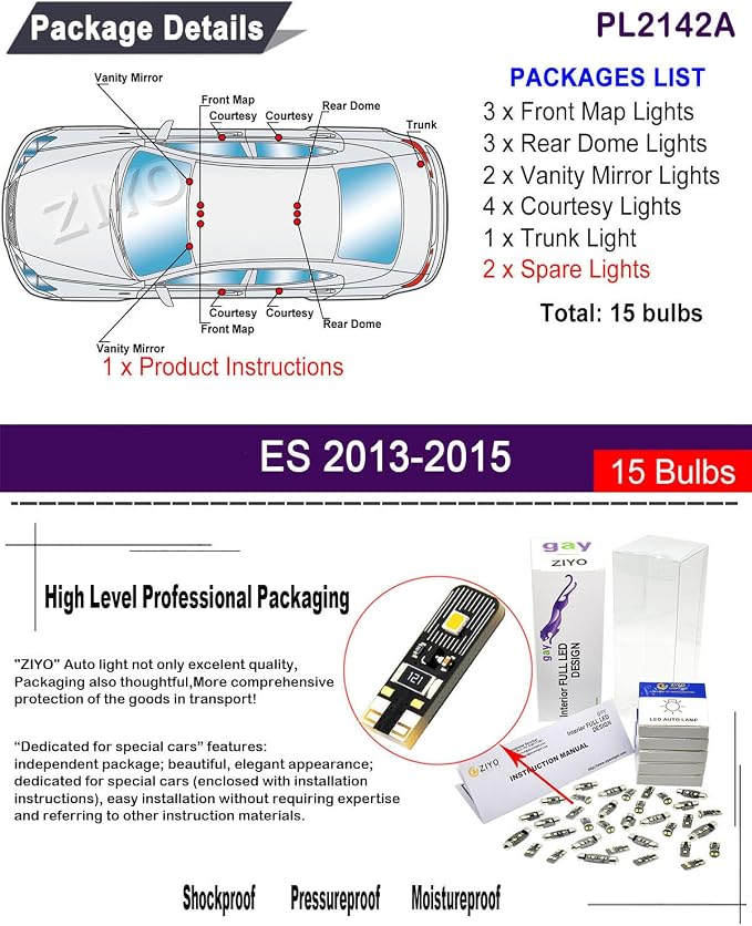 PL2142A LED Interior Light kit for Lexus ES350 ES300h ES300 2013-2015, 6000K White Dome Lights Accessories Replacement Package, LED Light Bulbs Upgrade (15 Bulbs)