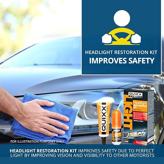 QUIXX QHRK1 Reliable Headlight Restoration Kit, Includes 50g Headlight Polish, 30ml Sealing, Sanding & Polishing Block, 12 Abrasive Papers and 4 Polish Cloths, Can Save a Vehicle from an MOT Failure, Increase Safety