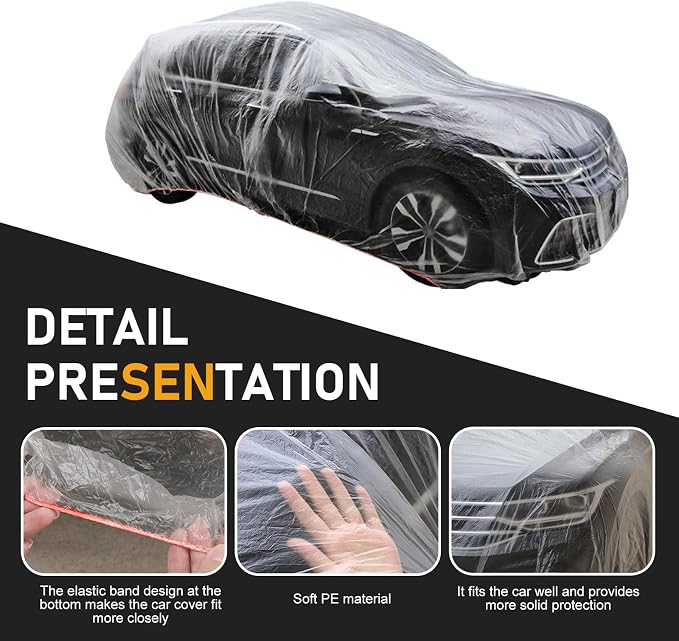 1 PC Disposable Car Covers, 11.5 FT x 19.7 FT Clear Plastic Car Cover, Rain Dust Garage Cover with Elastic Band, Universal for Cars Sedans SUVs (Transparent, M)