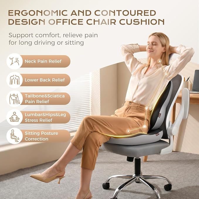 Coverado Seat Cushions Neck Pillow Lumbar Support Pillow for Car, Memory Foam Office Chair Back Support Orthopedic Coccyx Cushion with Non-Slip Bottom Neck Butt Back Pillow for Chair Truck Gray&Black