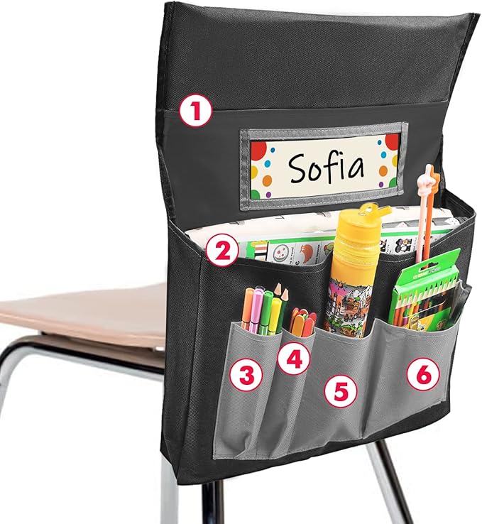 Chair Pockets for Classrooms, 15.7" × 18.9" – 6 Pockets Chairback Storage Organizer with Name Tag Window, Student Desk & Seat-Back Management for Books, Folders & School Supplies, Black