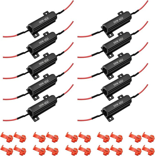 AUXLIGHT 10Pcs Quality 50W 6ohm Load Resistors - Fix LED Turn Signal Blinker/Error Code (Resistors get very hot during working) - Black