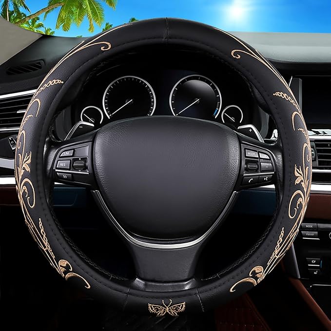 Car Leather Steering Wheel Cover - Panapi Material, Universal 14.5-15 Inch Leather Anti-Slip Breathable Auto Steering Wheel Covers for Men Women (Embroidery-Beige)