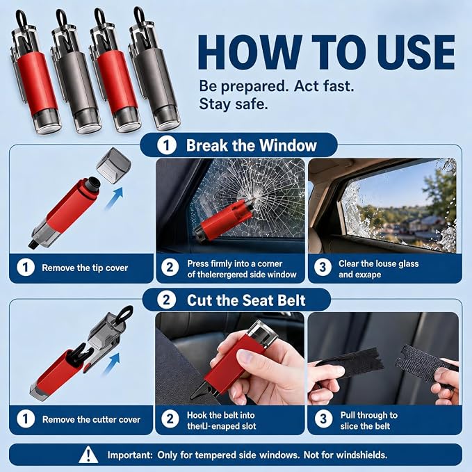 Window Breaker Seatbelt Cutter, 2-in-1 Car Glass Window Breaker Tool, Safety Hammer with Test Glass, Spring Loaded Emergency Escape Hammer for Sinking Cars, Flood Rescue 4PCS (Red & Grey)