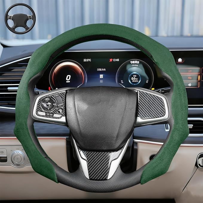 Car Steering Wheel Cover, Soft Brethable Suede Non-Slip Vehicle Steering Wheel Protector, Comfortable Sporty Auto Interior Protection Accessories, Universal for Truck SUV Van (Dark Green)