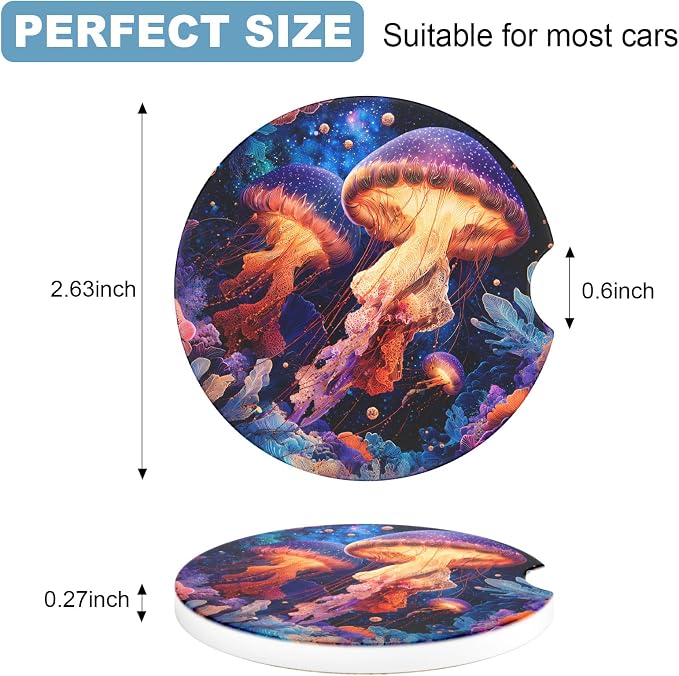 2 Pack Car Cup Holder Coaster, 2.63 inch Anti Slip Insert Absorbent Ceramic Car Coaster with Cork Base and Finger Notch, Cute Car Accessories Interior for Women, Cute Car Coasters.