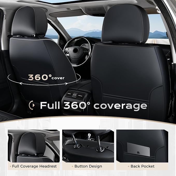 Coverado Full Set Car Seat Covers, Black Leather Seat Protectors, Luxury Front & Back Car Seat Covers,Waterproof Universal Fit, Automotive Seat Covers for Most Cars-Black