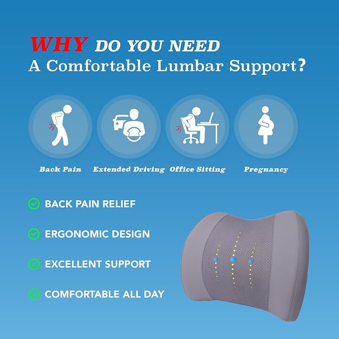 Lofty Aim Lumbar Support Pillow for Car, Car Seat Back Support for Driving | Memory Foam Car Lumbar Support for Driving Seat, Car Back Cushion, Adjustable Straps, Lower Back Pillow, Office Chairs, Gray
