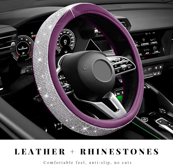 Diamond Leather Steering Wheel Cover, 15 Inch Bling Crystal Rhinestone Anti-Slip Wheel Protector, Universal Sparkling Elegant Diamond Steering Wheels Cover for Women Girl (White&Purple)