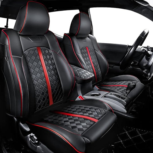 Carlimeki Leather Seat Covers Custom Fit for Tacoma Gen 2nd (2005-2015) | For Double & Crew Cab only - Fits Base, PreRunner, TRD Pro - Fully Covered - Fit Like a Glove