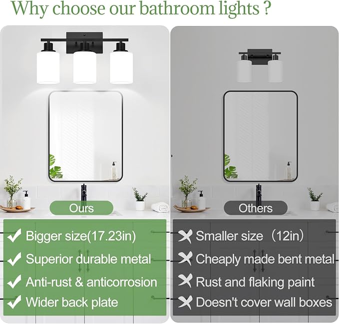 MOKATNG 3-Light Bathroom Light Fixtures, Vanity Light with Milky White Shades, Matte Black Bathroom Light Fixtures Over Mirror, Modern Bathroom Wall Lamp for Mirror Living Room Cabinet Bedroom