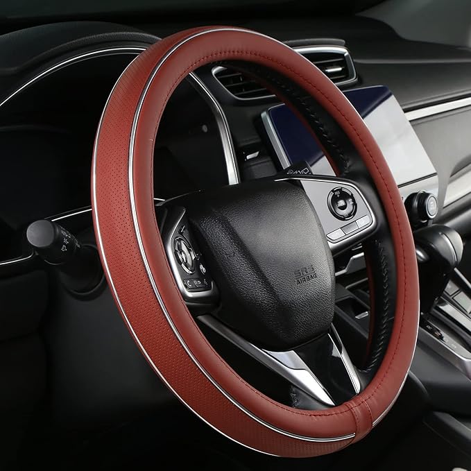 ALEMODR Claret Leather Steering Wheel Cover Fiber Strip Car Steering Wheel Cover Universal 15 inch for Women Girls