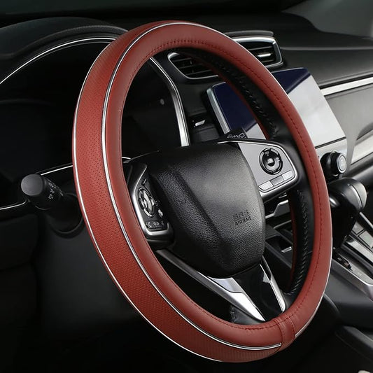 ALEMODR Claret Leather Steering Wheel Cover Fiber Strip Car Steering Wheel Cover Universal 15 inch for Women Girls