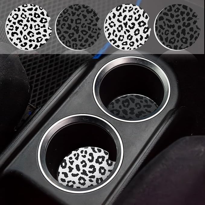 Boao 4 Pcs Leopard Car Cupholder Coasters for Valentine's Day, Ceramic Coasters 2.56'' Anti Slip Base with Finger Notch for Dry Clean, Car Interior Accessories, Birthday Gifts