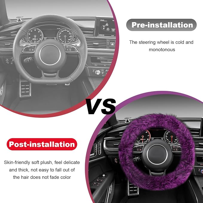 Fluffy Steering Wheel Cover, 15 Inch Anti-Slip Microfiber Plush Fuzzy Steering Wheel Cover, Winter Warm Elastic Fuzzy Steering Wheel Covers for Women and Men, Car Accessories (Purple)