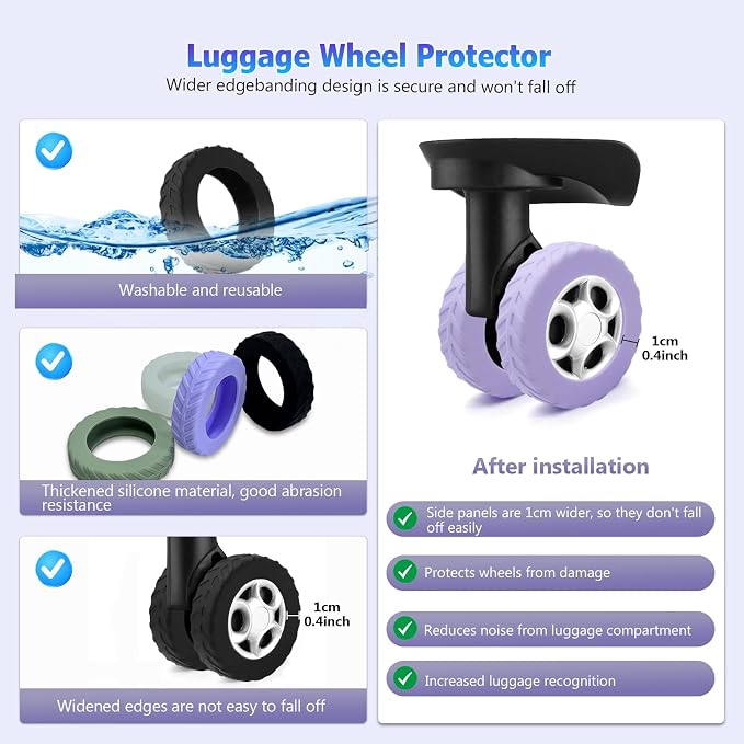 UMUST 8Pcs Luggage Wheel Covers,Silicone Cover for 2-2.4'' Suitcase Spinner Wheel, Upgrade Carry On Luggage Wheels Protector,Essential Travel Accessories (Purple)