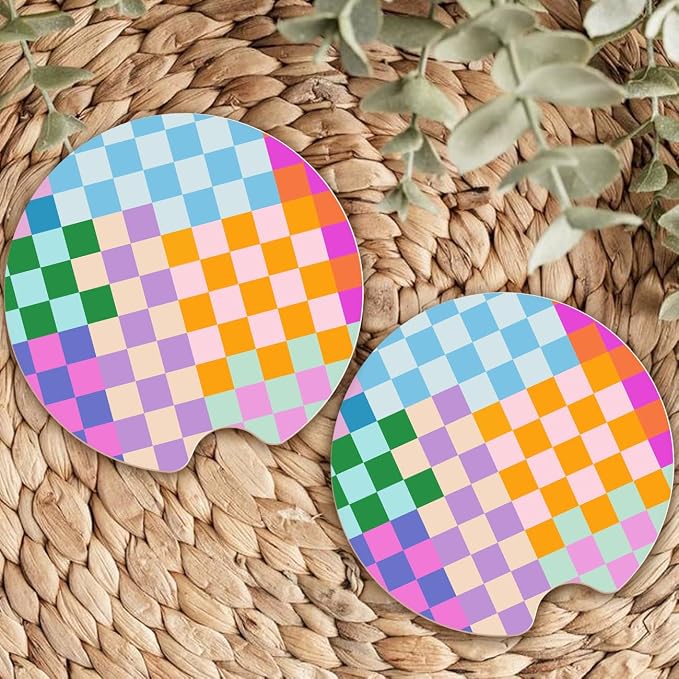 Ceramic Car Coasters – Absorbent Car Cup Holder Coaster Set for Women, Cute Aesthetic Car Accessories for Girls, 2 Pack (Pastel Parade)