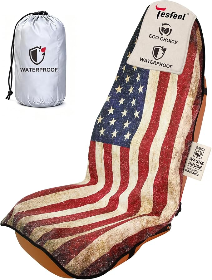 American Flag Car Seat Cover Towel, Waterproof Sweat Protector for Gym Post-Workout & Beach, Universal Fit for Sedans SUV Minivan, Machine Washable Non-Slip Bucket Seat Mat - 1 Pack