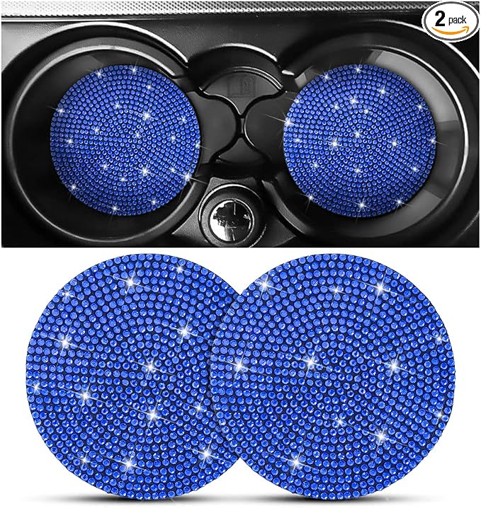 Osilly Bling Car Cup Holder Coaster, 2 Pack Crystal Rhinestone Anti-Slip Insert Coasters, Universal 2.75 Inch Fashion Automotive Cup Mat, Car Interior Accessories Decor Gifts for Women (Dark Blue)