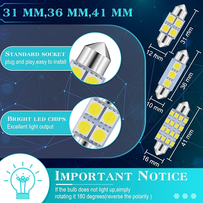 Frienda 70 Pcs Interior Lights LED Car Bulb Kit Set Dome Light 31 36 41 mm 12v De3175 6411 T10 2825 6612f 6615f for Dome Map Read Door Trunk Glove Box License Plate Cargo Courtesy(White)