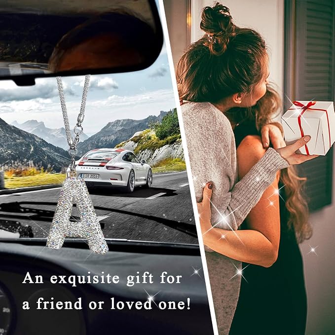 DXNQ Bling Initial Car Rear View Mirror Ornament, Crystal Sparkling Cute Letter Charm Pendant Auto Decor, Hanging Lucky Diamond Initial Charm Car Mirror Bag Ornament for Girl Women (Letter A)